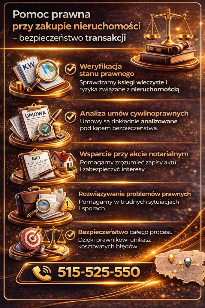 Finanse Żagań – wsparcie prawne przy zakupie nieruchomości i analizie umów kredytowych. Grafika pokazuje weryfikację ksiąg wieczystych, analizę dokumentów oraz pomoc przy akcie notarialnym, co zwiększa bezpieczeństwo całej transakcji.