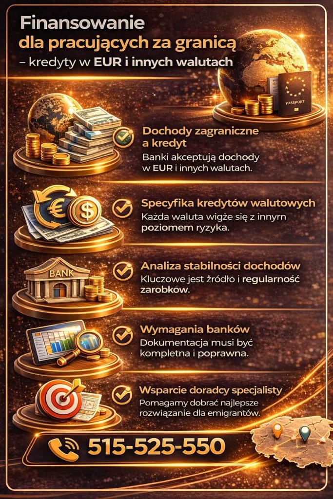 Finanse Żagań – kredyty dla osób pracujących za granicą, w tym dochody w EUR i innych walutach. Grafika pokazuje analizę stabilności dochodów, wymagania banków oraz ryzyka kredytów walutowych przy wsparciu eksperta finansowego.