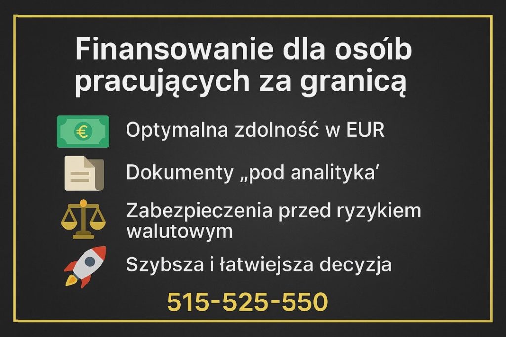 Grafika Finanse Żagań pokazująca finansowanie dla osób pracujących za granicą. Informuje o optymalnej zdolności w EUR, dokumentach przygotowanych pod analityka, zabezpieczeniu przed ryzykiem walutowym oraz szybszej, łatwiejszej decyzji kredytowej.
