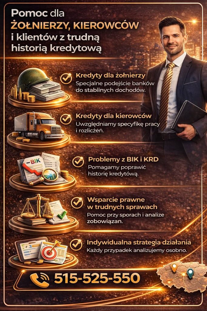 Doradztwo finansowe w Żaganiu dla żołnierzy, kierowców i osób z trudną historią kredytową. Grafika prezentuje specjalne podejście do stabilnych dochodów, pomoc w poprawie BIK oraz wsparcie prawne w analizie zobowiązań i dokumentów kredytowych.