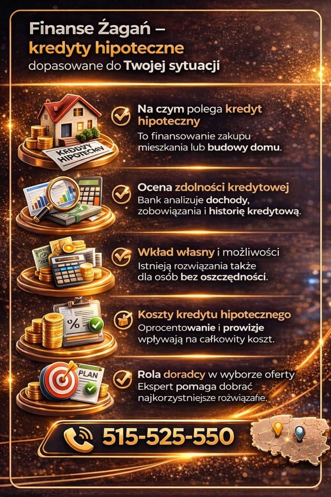 Finanse Żagań – kredyt hipoteczny dopasowany do Twojej sytuacji finansowej. Grafika przedstawia proces uzyskania kredytu na mieszkanie lub dom, ocenę zdolności kredytowej, wymagania banków oraz rolę doradcy w wyborze najlepszej oferty finansowania.