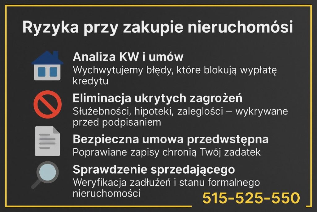 Kredyt hipoteczny dla żołnierzy - infografika w kolorach czerni i złota przedstawia ryzyka przy zakupie nieruchomości na kredyt dla żołnierzy. W punktach opisano analizę księgi wieczystej i umów, eliminację ukrytych zagrożeń bezpieczną umowę przedwstępną 