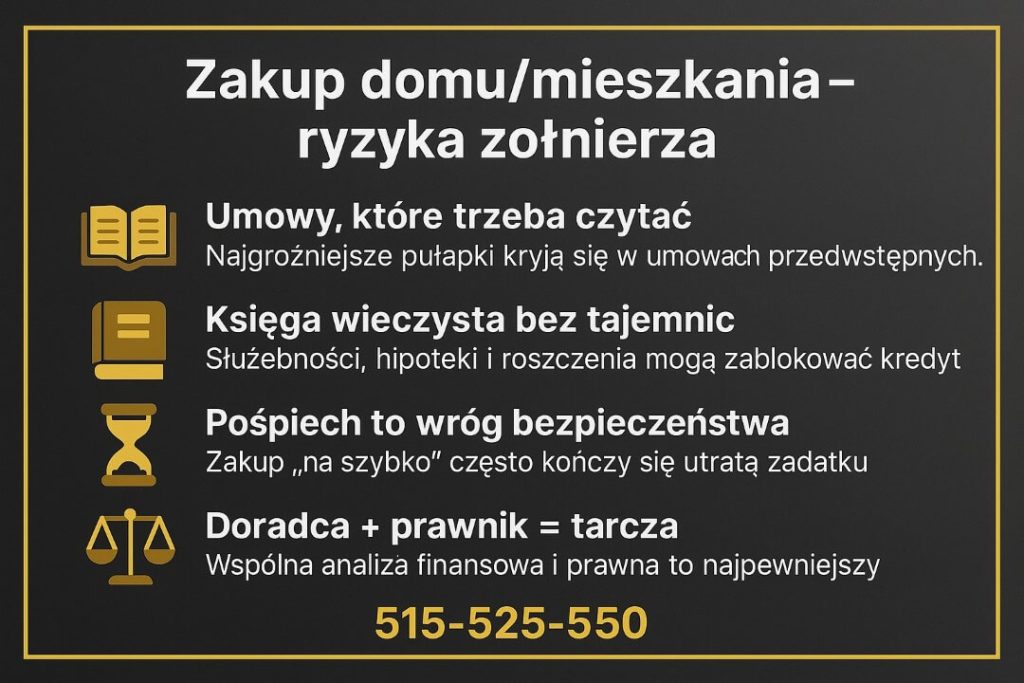 Kredyt hipoteczny dla żołnierzy Świętoszów -grafika o kredycie hipotecznym dla żołnierzy pokazująca główne ryzyka przy zakupie domu lub mieszkania: treść umów przedwstępnych, pułapki w księdze wieczystej i skutki pośpiechu 