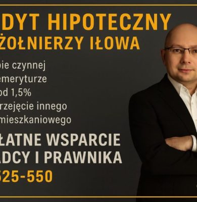 Grafika przedstawia ofertę „Kredyt hipoteczny dla żołnierzy Iłowa”, z informacją o marży od 1,5%, możliwości przejęcia innego kredytu, wsparciu w służbie czynnej i na emeryturze oraz bezpłatnej pomocy doradcy i prawnika. Widoczny numer 515-525-550.