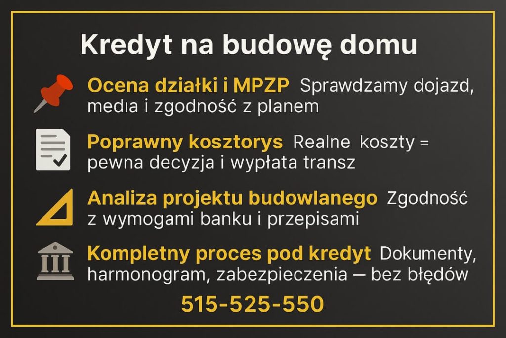 Kredyt hipoteczny dla żołnierzy Małomice - infografika w kolorach czerni i złota przedstawia ofertę kredytu na budowę domu dla żołnierzy z Małomic i okolicy. W punktach pokazano ocenę działki i MPZP, poprawny kosztorys, analizę projektu budowlanego oraz kompletny proces pod kredyt