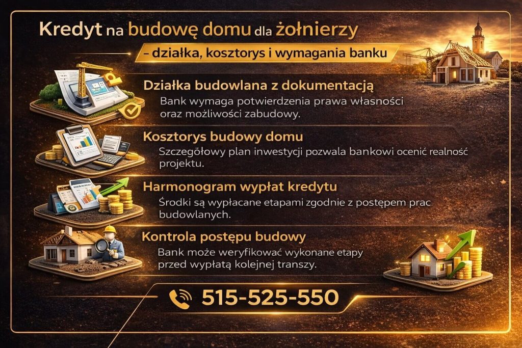 Kredyt hipoteczny dla żołnierzy Świętoszów na budowę domu – wymagania banku dotyczące działki, kosztorysu inwestycji, harmonogramu wypłat oraz kontroli postępu budowy. Finansowanie realizowane etapami zgodnie z postępem prac.