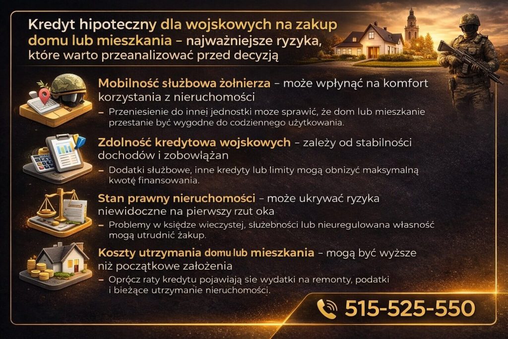 Kredyt hipoteczny dla żołnierzy Świętoszów na zakup domu lub mieszkania – najważniejsze ryzyka związane z mobilnością służbową, zdolnością kredytową, stanem prawnym nieruchomości oraz kosztami utrzymania nieruchomości.