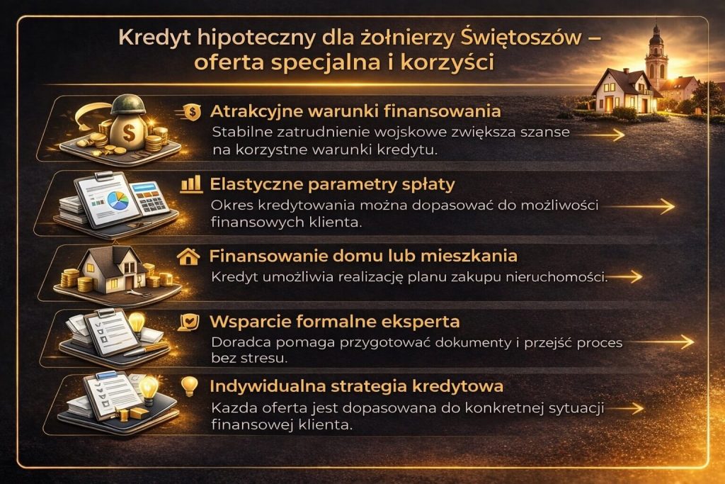 Kredyt hipoteczny dla żołnierzy Świętoszów – oferta specjalna i korzyści. Stabilne zatrudnienie pozwala uzyskać lepsze warunki finansowania, elastyczny okres spłaty oraz indywidualnie dopasowaną strategię kredytową.