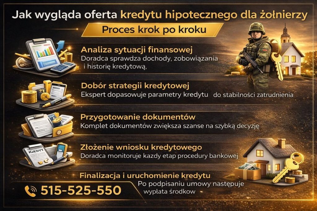 Proces uzyskania kredytu hipotecznego dla żołnierzy Świętoszów krok po kroku – analiza sytuacji finansowej, dobór strategii, kompletowanie dokumentów, złożenie wniosku oraz finalizacja umowy. Doradca kredytowy wspiera klienta na każdym etapie finansowania.