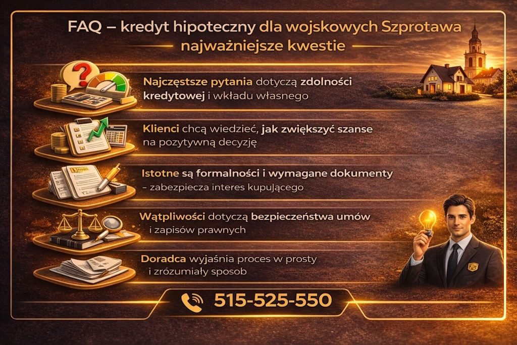 Kredyty hipoteczne dla żołnierzy Szprotawa – najczęstsze pytania klientów dotyczące zdolności kredytowej, wkładu własnego, dokumentów oraz bezpieczeństwa umowy, wyjaśnione w prosty i zrozumiały sposób przez doradcę