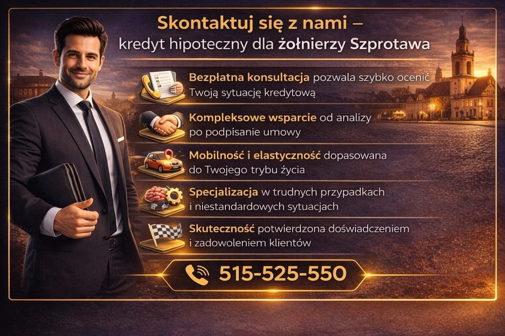 Ekspert kredytowy Szprotawa dla żołnierzy – bezpłatna konsultacja, kompleksowa pomoc kredytowa i prawna, mobilność doradcy oraz wsparcie w trudnych przypadkach zapewniają skuteczny i bezpieczny proces uzyskania kredytu
