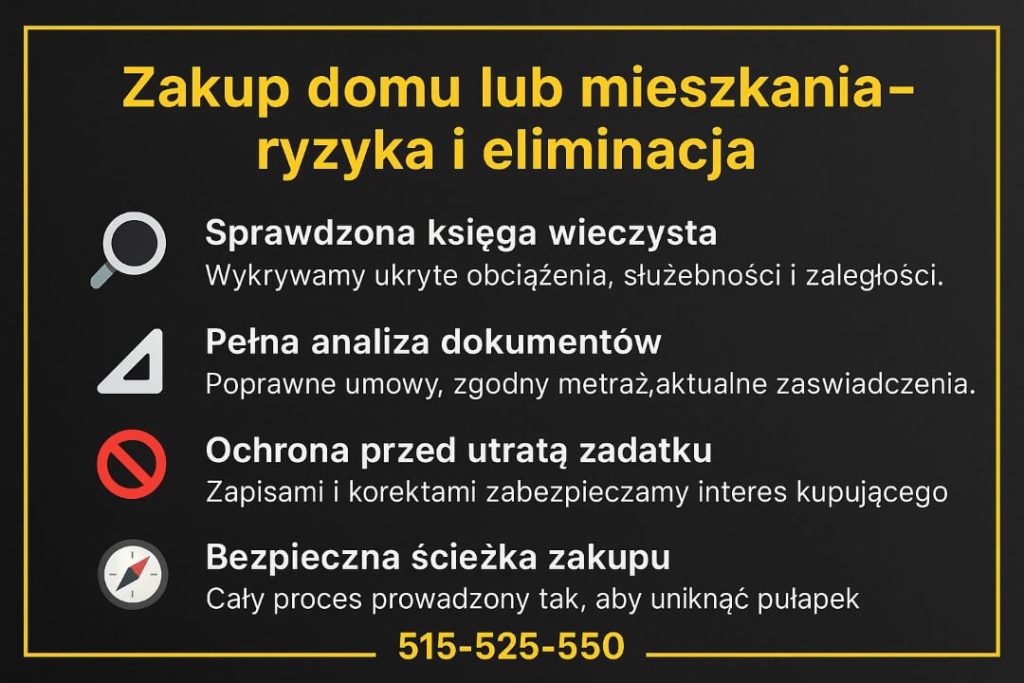 Grafika prezentuje wsparcie przy zakupie domu lub mieszkania dla żołnierzy w Szprotawie. Podkreślono sprawdzoną księgę wieczystą, pełną analizę dokumentów, ochronę przed utratą zadatku oraz bezpieczną ścieżkę zakupu. U dołu umieszczono numer telefonu kontaktowego 515-525-550.
