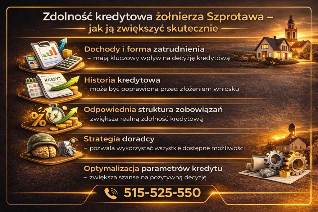 Kredyt hipoteczny dla żołnierzy Szprotawa – jak zwiększyć zdolność kredytową, wpływ dochodów, historii kredytowej oraz struktury zobowiązań na decyzję banku i skuteczna strategia doradcy zwiększająca szanse na pozytywną decyzję