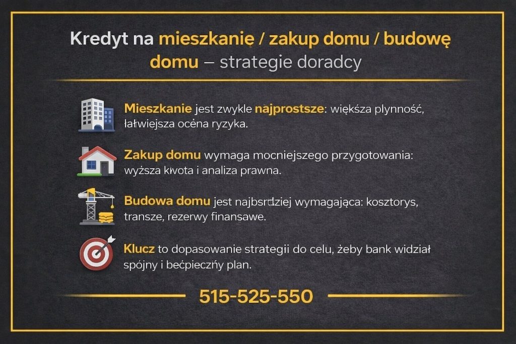 Grafika wyjaśniająca strategie doradcy przy zakupie mieszkania, domu lub budowie nieruchomości. Widoczne kluczowe różnice w ocenie ryzyka bankowego i wymaganiach formalnych przy nieregularnych dochodach. 