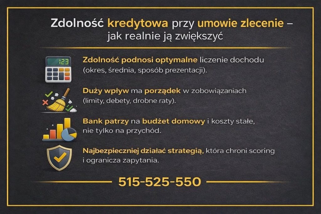Zdolność kredytowa przy umowie zlecenie w Żaganiu - infografika pokazująca, jak banki oceniają dochód, porządek w zobowiązaniach i budżet domowy przy kredycie hipotecznym. Materiał edukacyjny przygotowany przez doradcę kredytowego i prawnika w jednym. 