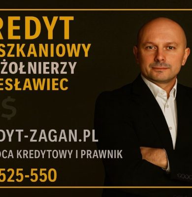 Profesjonalna grafika informacyjna przedstawiająca doradcę kredytowego i prawnika oferującego kredyt mieszkaniowy dla żołnierzy w Bolesławcu. Na ciemnym tle widoczny jest mężczyzna w garniturze, złote akcenty, adres strony kredyt-zagan.pl oraz numer kontaktowy 515-525-550.