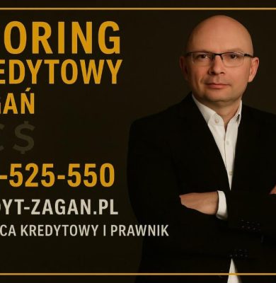 Grafika informacyjna „Scoring kredytowy Żagań” w ciemnej kolorystyce z żółtą ramką. Po lewej stronie widoczny duży tytuł i numer telefonu 515-525-550, po prawej doradca w garniturze z założonymi rękami. Projekt promuje analizę BIK, pomoc prawną i stronę kredyt-zagan.pl.