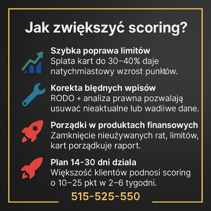 Grafika informacyjna o tym, jak zwiększyć scoring kredytowy Żagań. Przedstawia cztery proste działania: poprawę limitów, korektę błędnych wpisów BIK, porządki w produktach finansowych i szybki plan 14–30 dni. Ciemne tło, żółta ramka i numer telefonu 515-525-550.