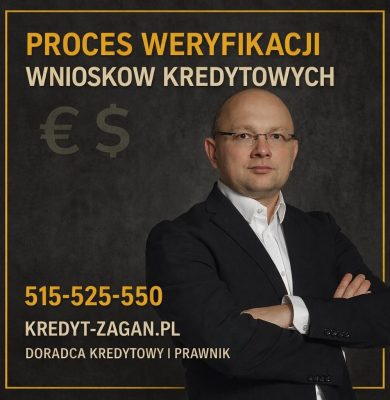 Proces weryfikacji wniosków kredytowych prowadzony przez doświadczonego doradcę kredytowego i prawnika. Grafika przedstawia eksperta wspierającego klientów w analizie zdolności kredytowej, BIK i KRD oraz bezpiecznym przejściu całej procedury kredytowej.