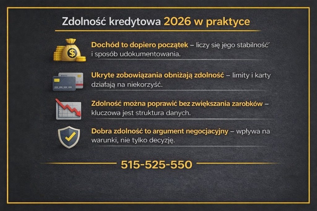 Weryfikacja dokumentów kredytowych i ocena zdolności kredytowej w praktyce 2026 pokazana na infografice. Grafika wyjaśnia wpływ dochodu, ukrytych zobowiązań, struktury danych oraz tego, jak dobra zdolność kredytowa poprawia warunki finansowania.