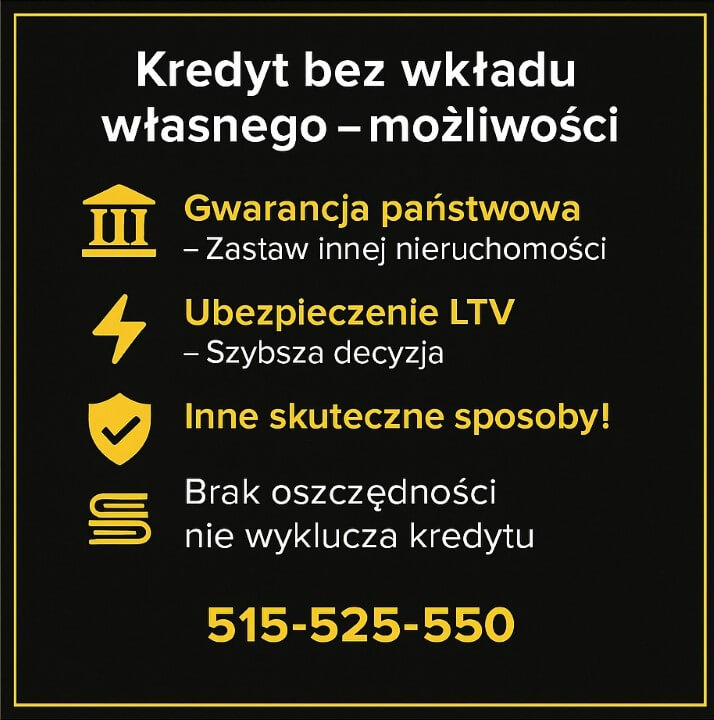 Alt: Grafika informacyjna „Kredyt bez wkładu własnego – możliwości” dla Świętoszowa: gwarancja państwowa, zastaw innej nieruchomości, ubezpieczenie LTV oraz inne skuteczne sposoby. Doradca kredytowy i prawnik, kredyt hipoteczny Świętoszów.