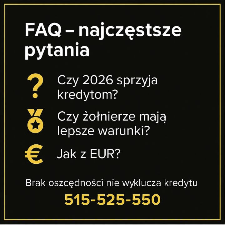 Grafika FAQ o kredycie hipotecznym w Świętoszowie: czy 2026 sprzyja kredytom, czy żołnierze mają lepsze warunki oraz jak banki podchodzą do dochodów w EUR. Styl czarno-złoty, doradca kredytowy i prawnik, lokalny kontekst Świętoszów.