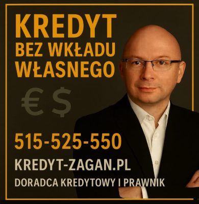 Grafika przedstawia doradcę kredytowego i prawnika promującego kredyt bez wkładu własnego. Na ciemnym tle widoczny jest numer telefonu 515-525-550, adres kredyt-zagan.pl oraz hasło główne w wyróżniającej się żółtej ramce. Grafika utrzymana w profesjonalnym, eleganckim stylu.