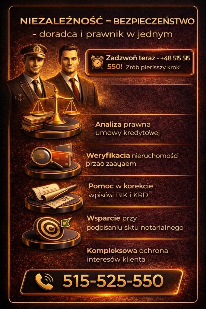 Bezpieczny kredyt bez wkładu własnego dzięki wsparciu doradcy i prawnika. Infografika pokazuje analizę umowy, weryfikację nieruchomości, korektę wpisów BIK oraz kompleksową ochronę interesów klienta na każdym etapie procesu kredytowego.