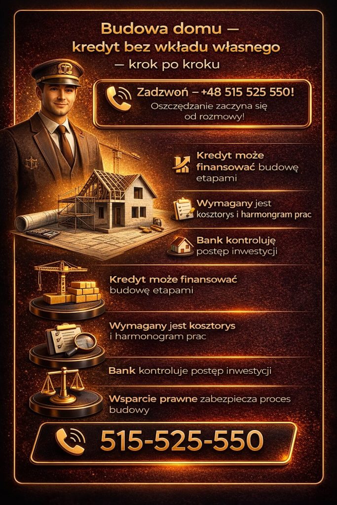 Hipoteczny kredyt bez wkładu własnego na budowę domu krok po kroku. Infografika pokazuje etapy finansowania inwestycji, znaczenie kosztorysu, harmonogramu prac oraz kontrolę banku, a także wsparcie doradcy i prawnika w całym procesie budowy.