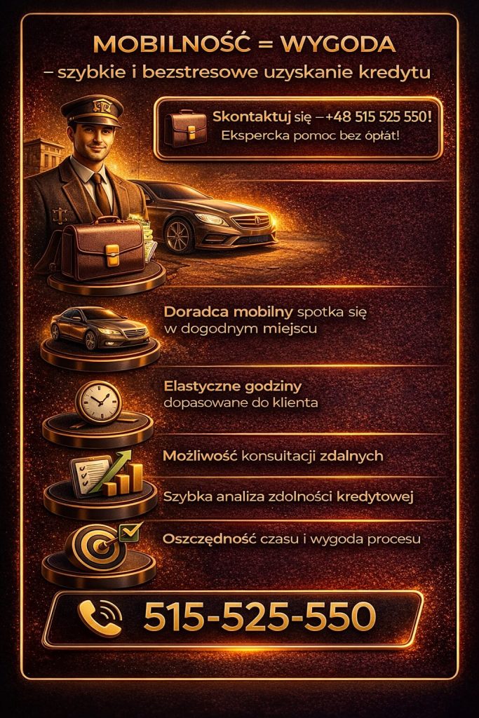 Kredyt hipoteczny bez wkładu własnego z mobilnym doradcą – wygoda i oszczędność czasu. Grafika przedstawia spotkania w dogodnym miejscu, elastyczne godziny, konsultacje online oraz szybkie decyzje kredytowe dopasowane do potrzeb klienta.