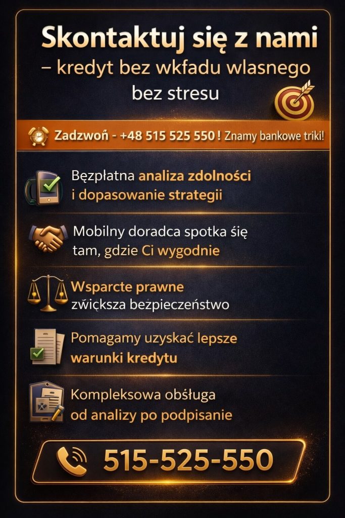 Kredyt bez wkładu własnego – skontaktuj się z doradcą i uzyskaj lepsze warunki finansowania. Grafika podkreśla bezpłatną analizę zdolności, mobilność, wsparcie prawne oraz kompleksową obsługę od pierwszej konsultacji do podpisania umowy kredytowej.