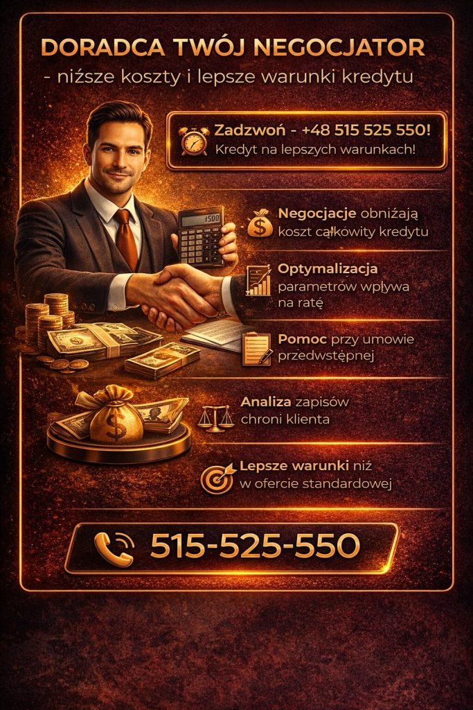Kredyt hipoteczny bez wkładu własnego – negocjacje warunków i niższe koszty. Grafika pokazuje rolę doradcy jako negocjatora, optymalizację parametrów kredytu, wsparcie przy umowie przedwstępnej oraz wybór korzystniejszej oferty niż standardowa.