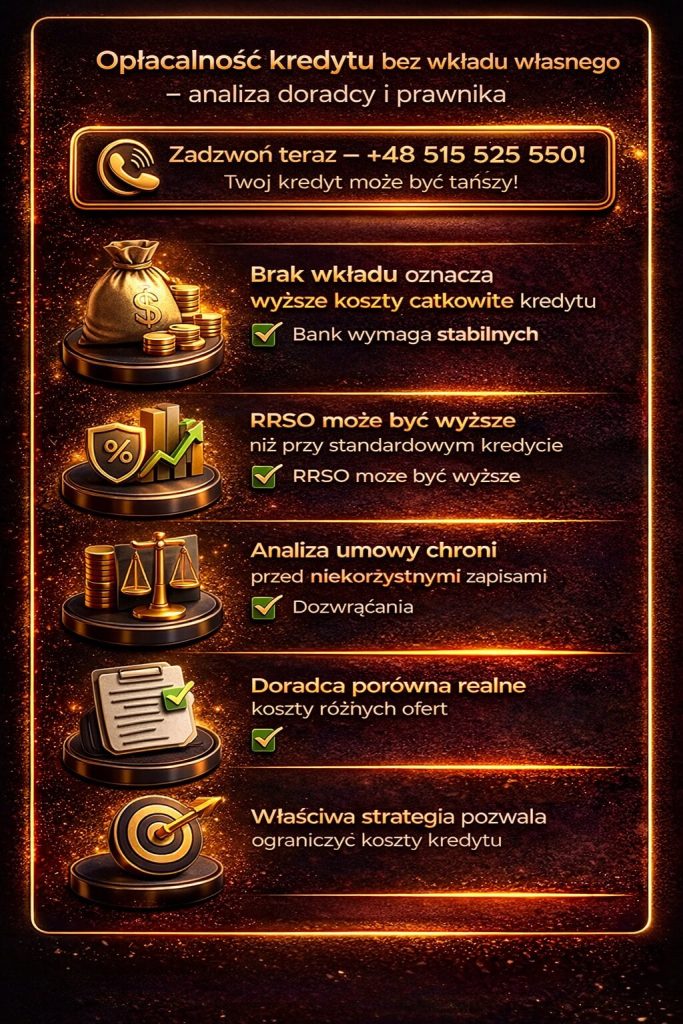 Kredyt bez wkładu własnego – opłacalność i realne koszty. Infografika pokazuje wyższe RRSO, całkowity koszt kredytu oraz znaczenie analizy umowy i porównania ofert, które pozwalają ograniczyć wydatki i wybrać najkorzystniejszą strategię finansowania.