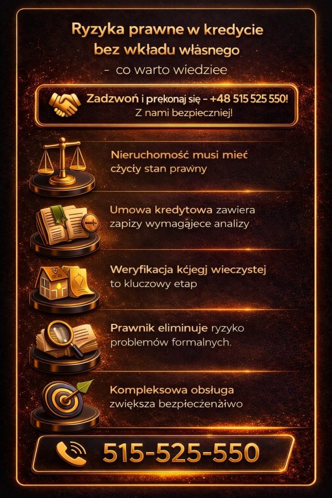 Kredyt bez wkładu własnego – ryzyka prawne i formalne, o których musisz wiedzieć. Infografika pokazuje znaczenie weryfikacji nieruchomości, analizy umowy kredytowej i księgi wieczystej oraz rolę prawnika w minimalizowaniu ryzyka błędów i problemów.