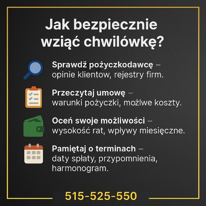 Chwilówki - grafika edukacyjna prezentuje zasady bezpiecznego korzystania: sprawdzenie pożyczkodawcy, analizę umowy, ocenę możliwości finansowych oraz pilnowanie terminów. Ikony i jasny układ pomagają klientom uniknąć błędów .