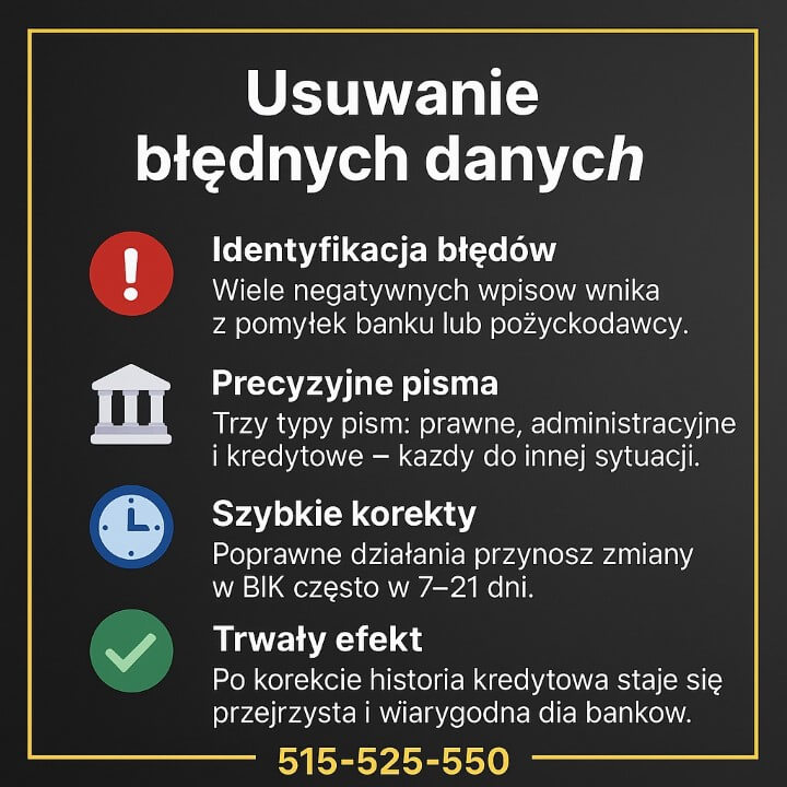 Czyszczenie BIK Żagań - grafika informacyjna o usuwaniu błędnych danych z BIK. Zawiera cztery punkty: identyfikacja błędów, precyzyjne pisma, szybkie korekty i trwały efekt. Utrzymana w ciemnej kolorystyce z żółtą ramką i ikonami.