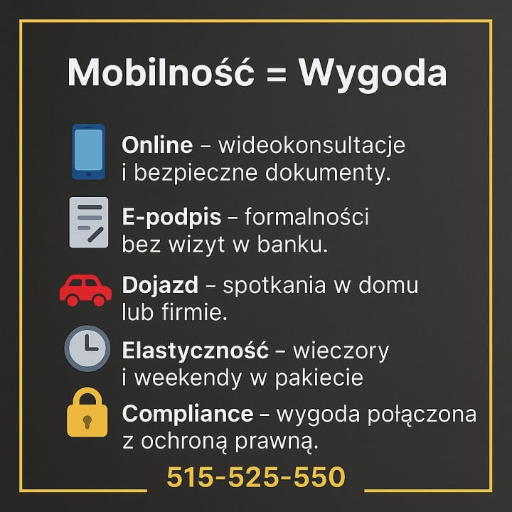 Mobilny doradca finansowy Szprotawa: wideokonsultacje online, e-podpis bez wizyt w banku, dojazd do domu lub firmy, elastyczne terminy (wieczory i weekendy), pełny compliance i ochrona prawna. Szybki, bezpieczny proces kredytowy. Kontakt: 515-525-550