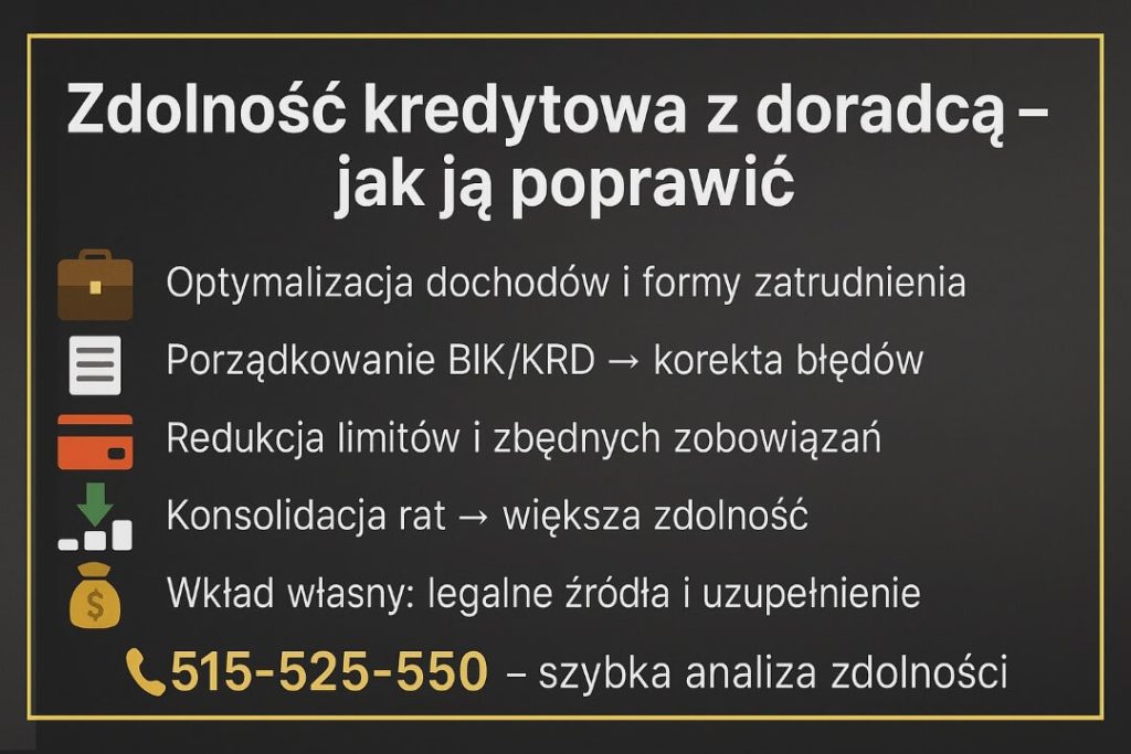 Zdolność kredytowa z doradcą - infografika czarno-złota. Doradca finansowy Żagań rekomenduje: optymalizacja dochodów i formy zatrudnienia, porządkowanie BIK/KRD, redukcja limitów, konsolidacja rat, legalne źródła wkładu własnego. Przejrzyste kroki przed wnioskiem.