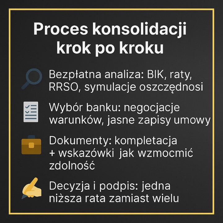 Grafika edukacyjna - kredyt konsolidacyjny Szprotawa: bezpłatna analiza BIK i RRSO, wybór banku, kompletacja dokumentów, decyzja i podpis jednej niższej raty. Doradca kredytowy i prawnik pomagają bez opłat.