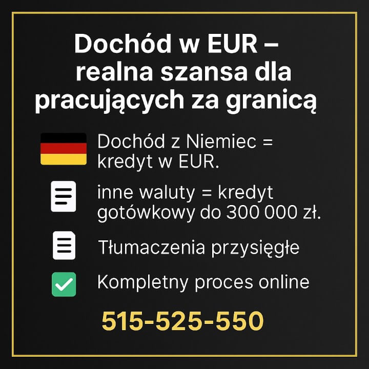 Dochód w EUR – realna szansa dla pracujących za granicą: dochód z Niemiec = kredyt w EUR; inne waluty = kredyt gotówkowy do 300 000 zł; wymagane tłumaczenia przysięgłe; kompletny proces online; numer 515-525-550