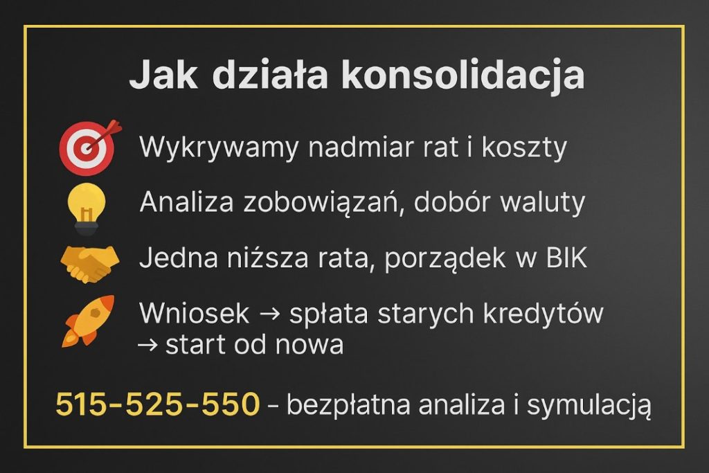 Jak działa konsolidacja: wykrywamy nadmiar rat i koszty, analizujemy zobowiązania, dobieramy walutę i okres. Jedna niższa rata oraz porządek w BIK. Wniosek → spłata starych kredytów → nowy start. Zdalnie lub z dojazdem. Doradca i prawnik 515-525-550.