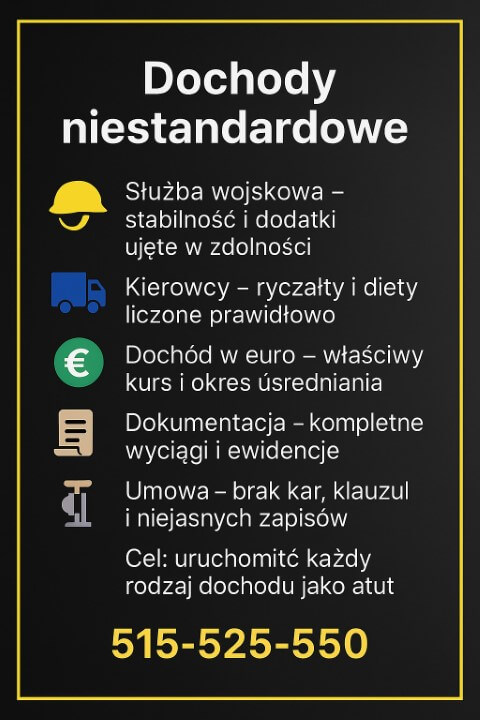 Doradca kredytowy Kożuchów – akceptacja nietypowych dochodów: służba wojskowa, kierowcy z ryczałtami i dietami, dochód w euro; kompletna dokumentacja, umowa bez kar i niejasnych klauzul; cel: uruchomić każdy rodzaj dochodu jako atut.
