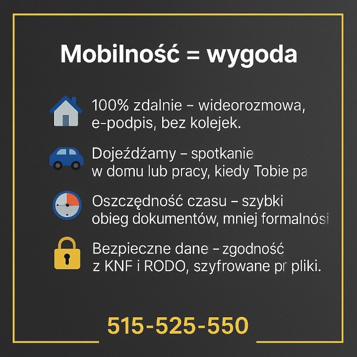 Infografika: „Mobilność = wygoda” – doradca kredytowy obsługuje proces w 100% zdalnie (wideorozmowa, e-podpis), dojeżdża do klienta, skraca formalności i obieg dokumentów, dba o bezpieczeństwo danych zgodnie z KNF i RODO. Komfortowa, szybka i bezpieczna obsługa kredytu.
