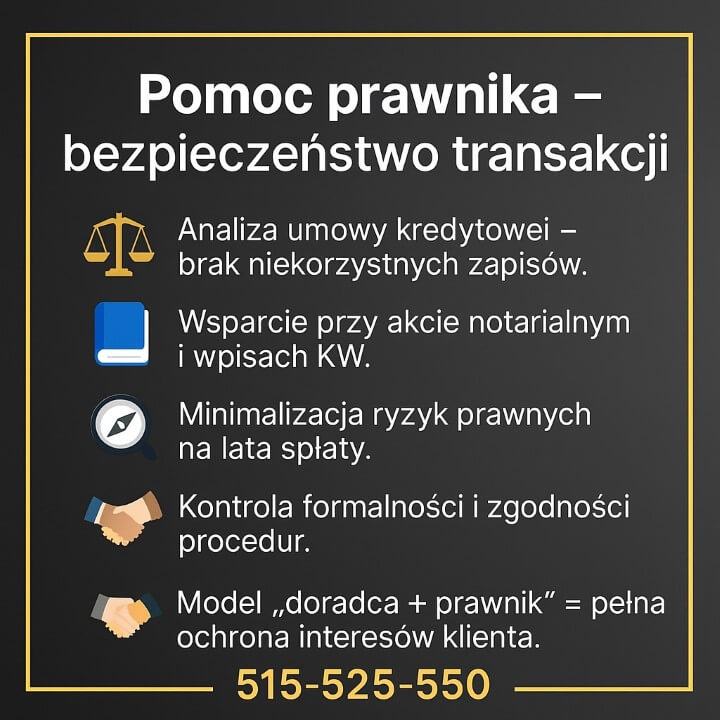 Infografika: Analiza umowy, wsparcie przy akcie i wpisach KW, minimalizacja ryzyk, kontrola formalności. Model doradca + prawnik – pełna ochrona interesów klienta. Kontakt 515-525-550.