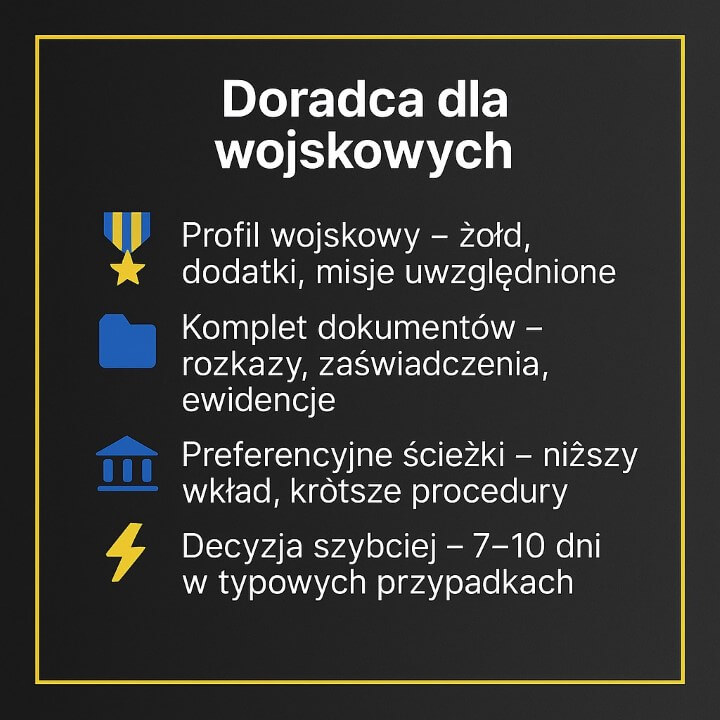 Doradca kredytowy Świętoszów dla wojskowych – żołd, dodatki i misje uwzględniane w zdolności. Pomoc w dokumentach, preferencyjne ścieżki kredytowe, niższy wkład własny i szybka decyzja w 7–10 dni. Kredyt dla żołnierzy bez stresu.