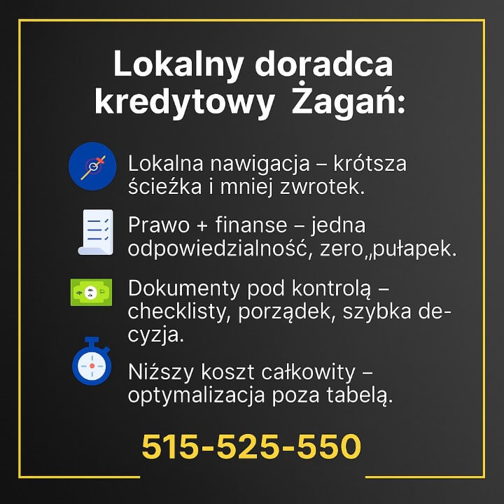 Lokalny doradca kredytowy Żagań – krótsza ścieżka i mniej zwrotek, prawo + finanse w jednym, dokumenty pod kontrolą, niższy koszt całkowity. Czarno-złota grafika z ikonami i numerem 515-525-550.
