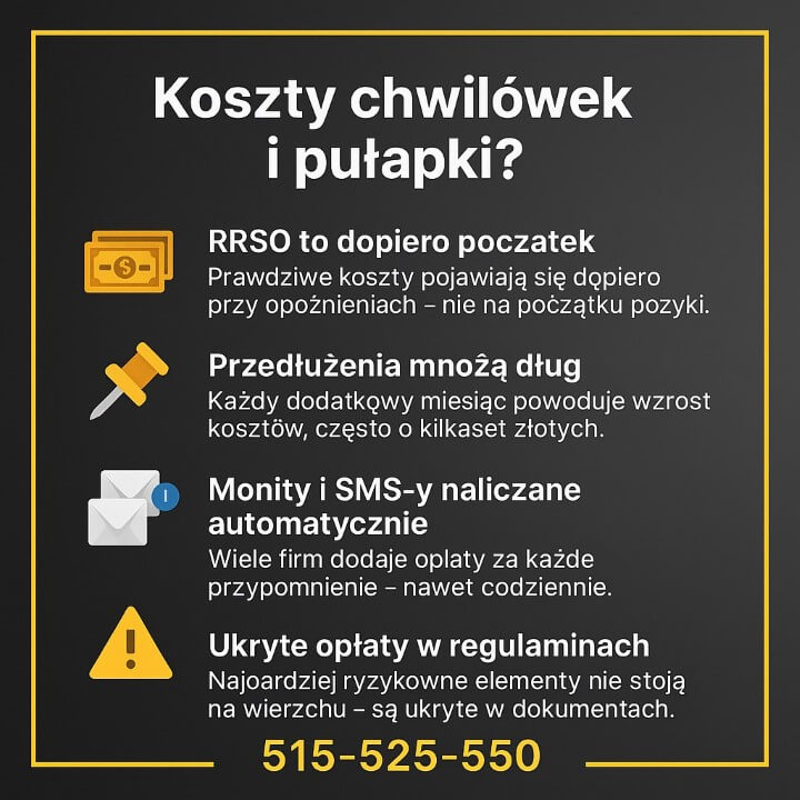 Grafika informacyjna o kosztach dla chwilówek przedstawia najczęstsze pułapki: wysokie RRSO, przedłużenia powiększające dług, automatyczne monity oraz ukryte opłaty w regulaminach. Czytelny układ, ikony i numer telefonu doradcy pomagają zrozumieć ryzyka.