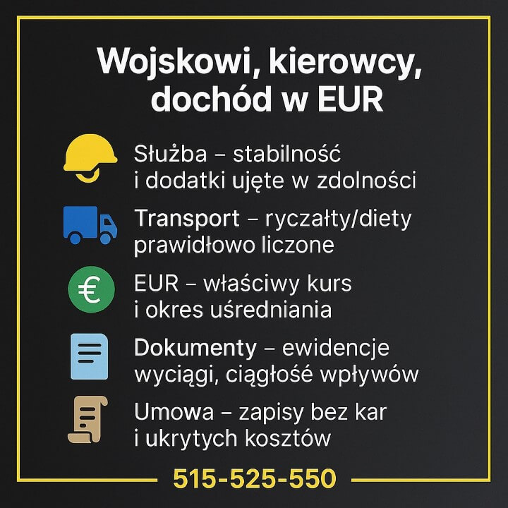 Specjalizacje: służba wojskowa, transport z ryczałtami i dietami, dochód w euro, komplet dokumentów, bufor na ryzyko kursowe, umowa bez ukrytych kosztów; czarne tło, złota ramka, ikony, numer telefonu.