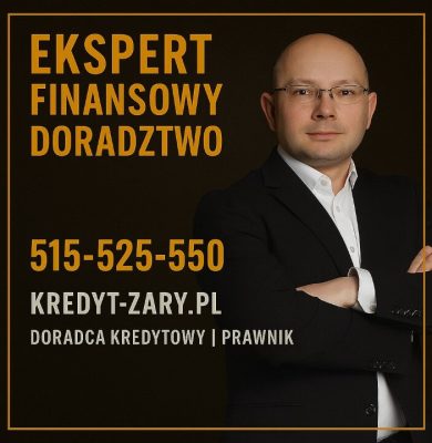 Ekspert finansowy i prawnik w jednym stojący na ciemnym tle, przedstawiony jako specjalista od kredytów hipotecznych. Grafika promuje doradztwo finansowe, bezpieczny kredyt, analizę dokumentów i pomoc klientom z Żar i okolic. Zawiera numer telefonu 515-525-550 oraz adres kredyt-zary.pl.