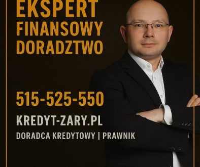 Ekspert finansowy i prawnik w jednym stojący na ciemnym tle, przedstawiony jako specjalista od kredytów hipotecznych. Grafika promuje doradztwo finansowe, bezpieczny kredyt, analizę dokumentów i pomoc klientom z Żar i okolic. Zawiera numer telefonu 515-525-550 oraz adres kredyt-zary.pl.